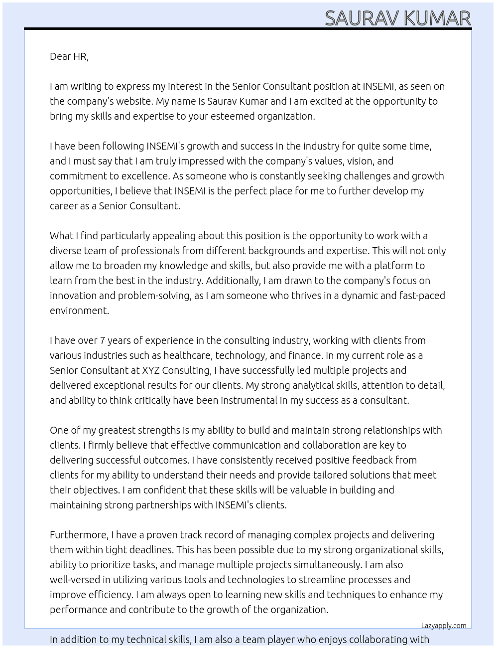 Senior Consultant At INSEMI Cover Letter