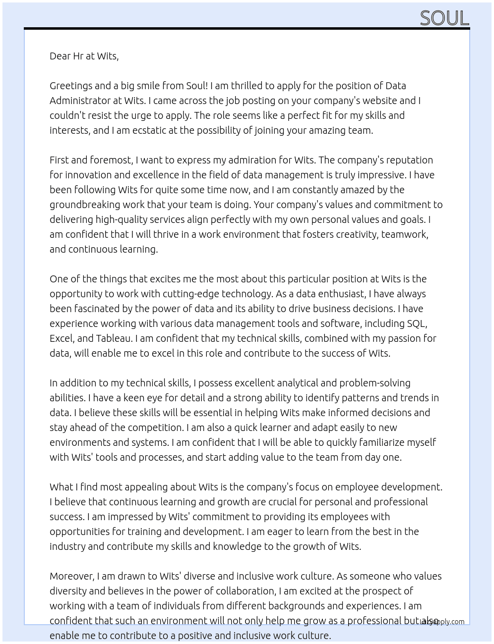 Data Administrator At Wits Cover Letter