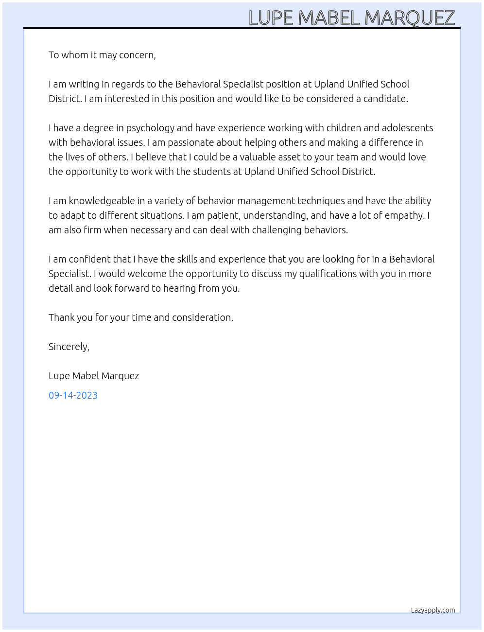 Behavioral Specialist  At Upland Unified School District  Cover Letter