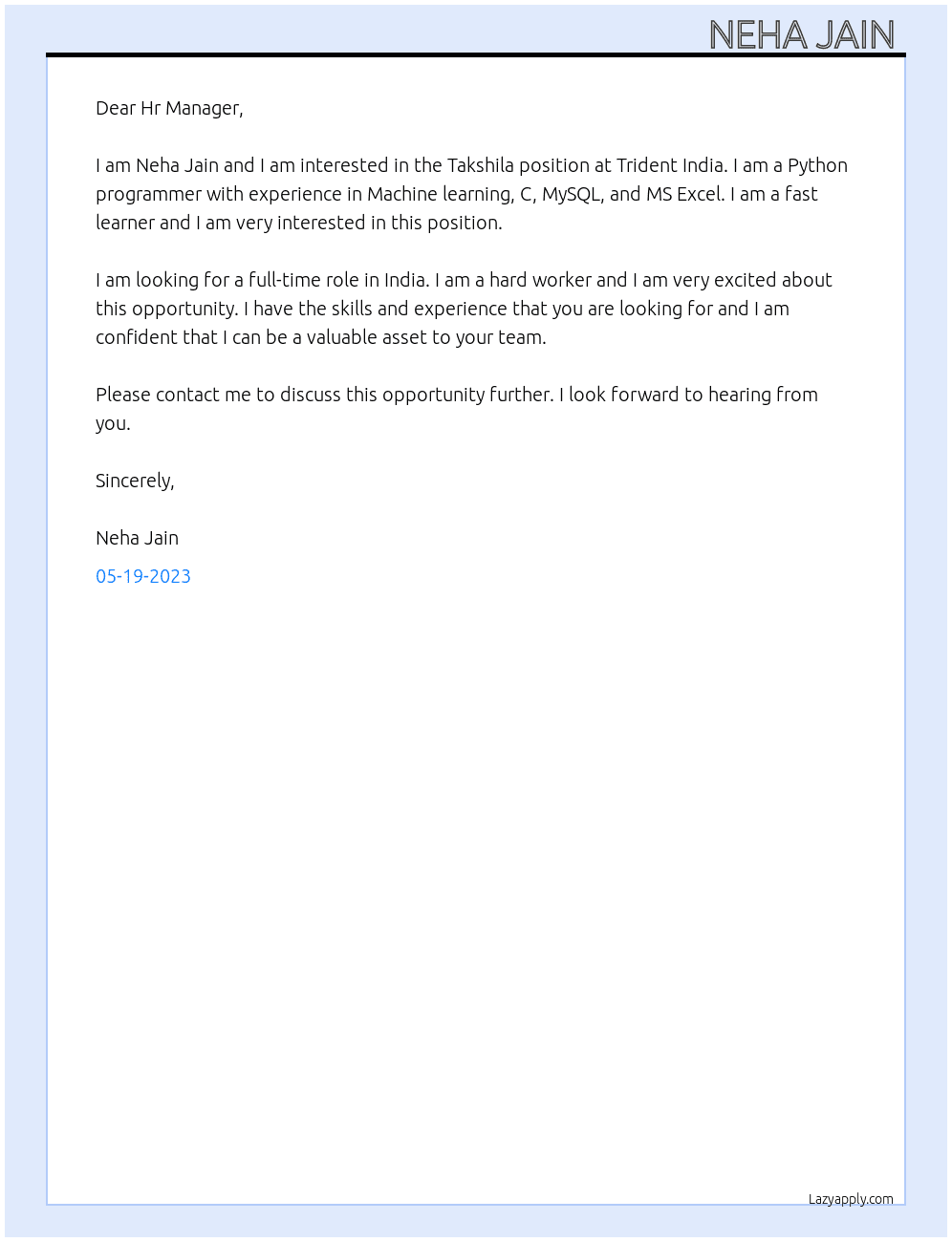 Takshila At Trident India  Cover Letter