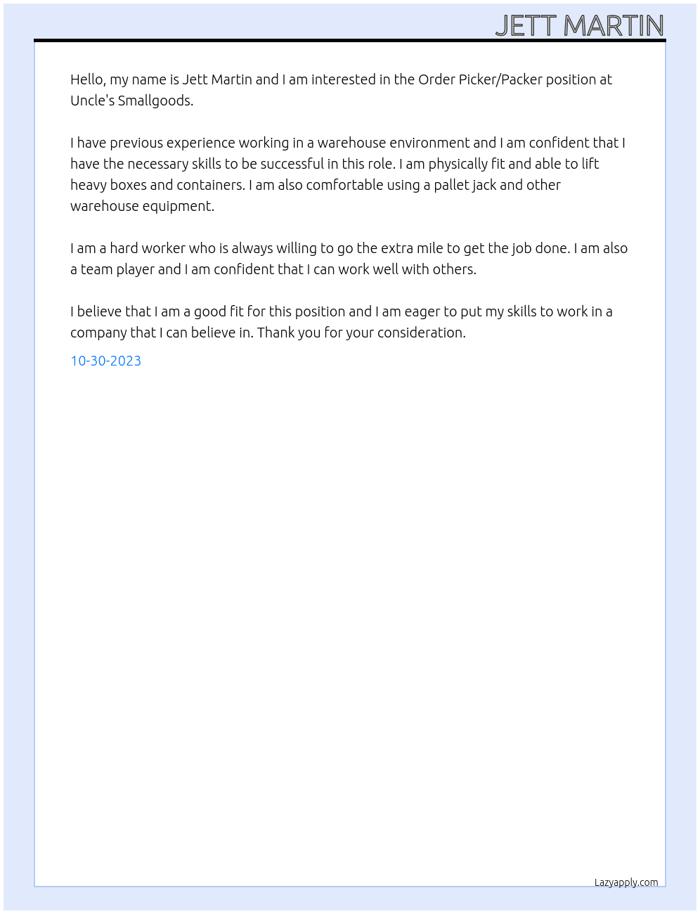 Order Picker/Packer At Uncle's Smallgoods Cover Letter
