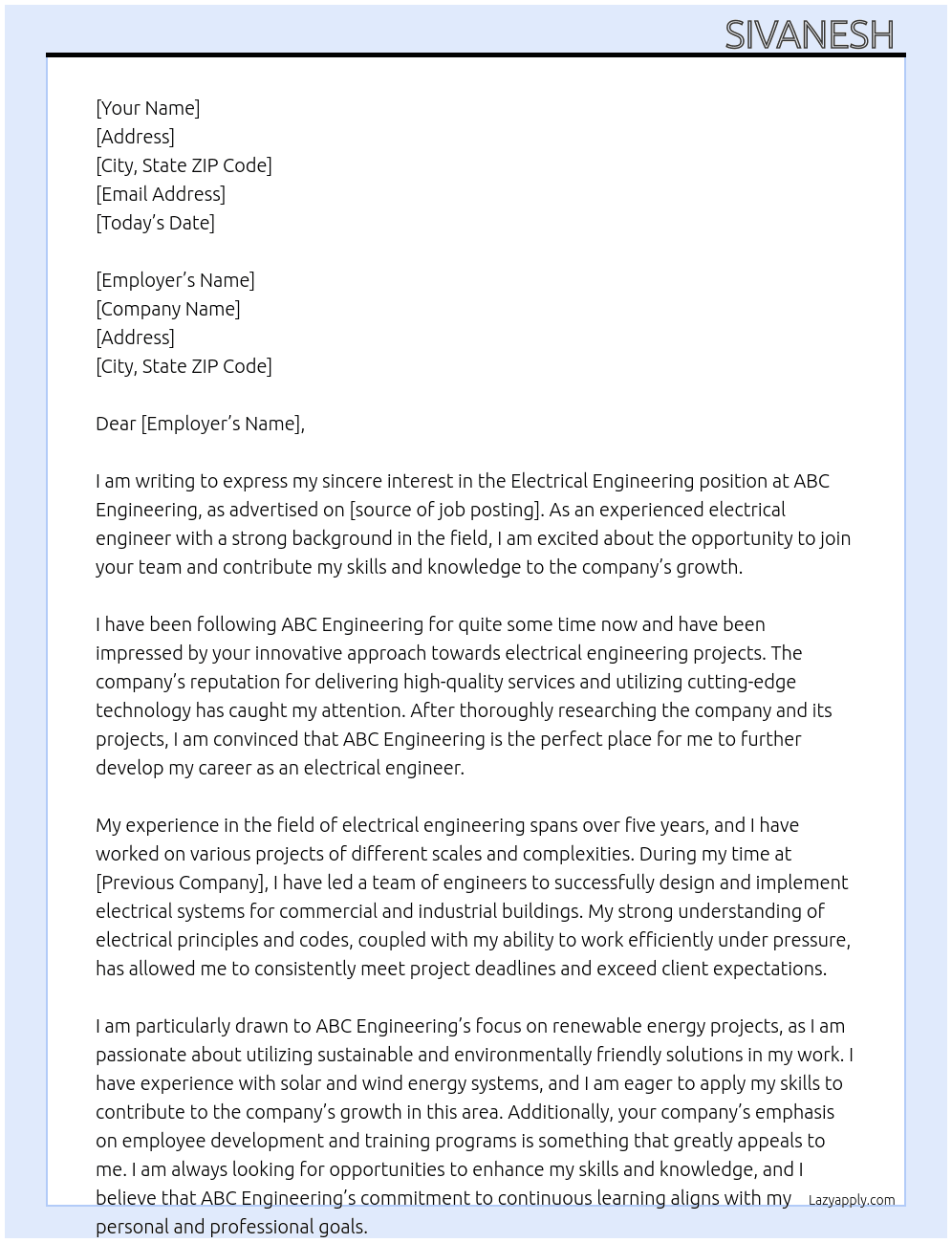 Electrical engineering At Abc engineering Cover Letter