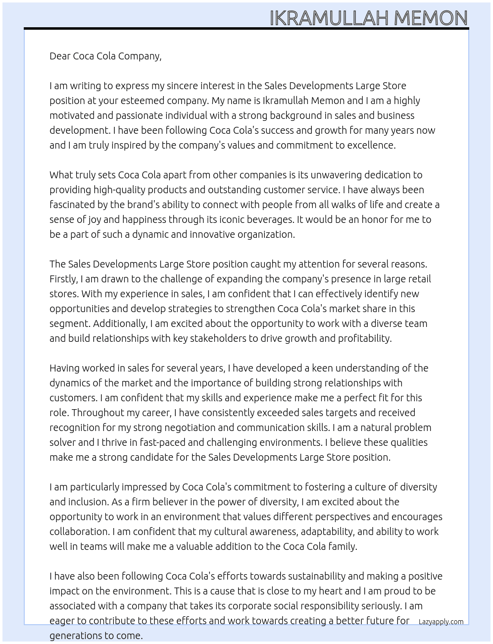 Sales Developments Large Store At Coca Cola Company Cover Letter