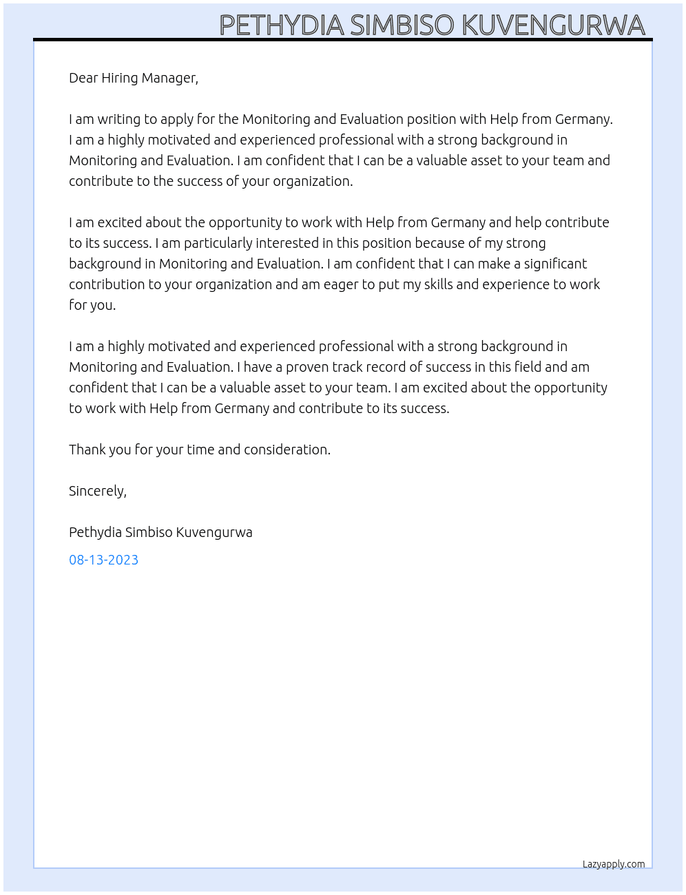 Monitoring and Evaluation  At Help from Germany  Cover Letter