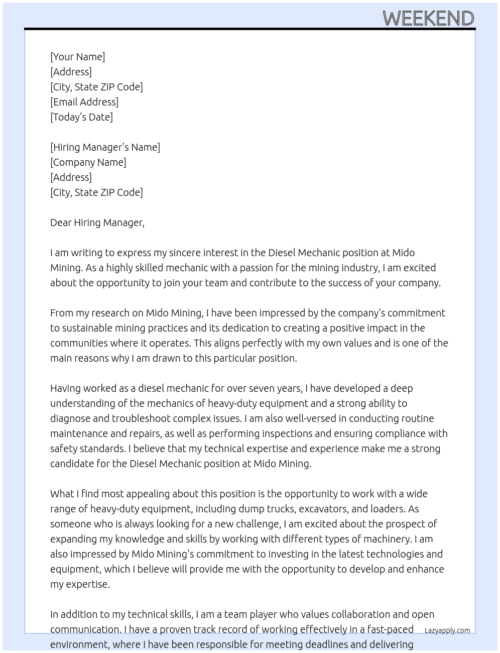 Diesel Mechanic At Mido Mining Cover Letter