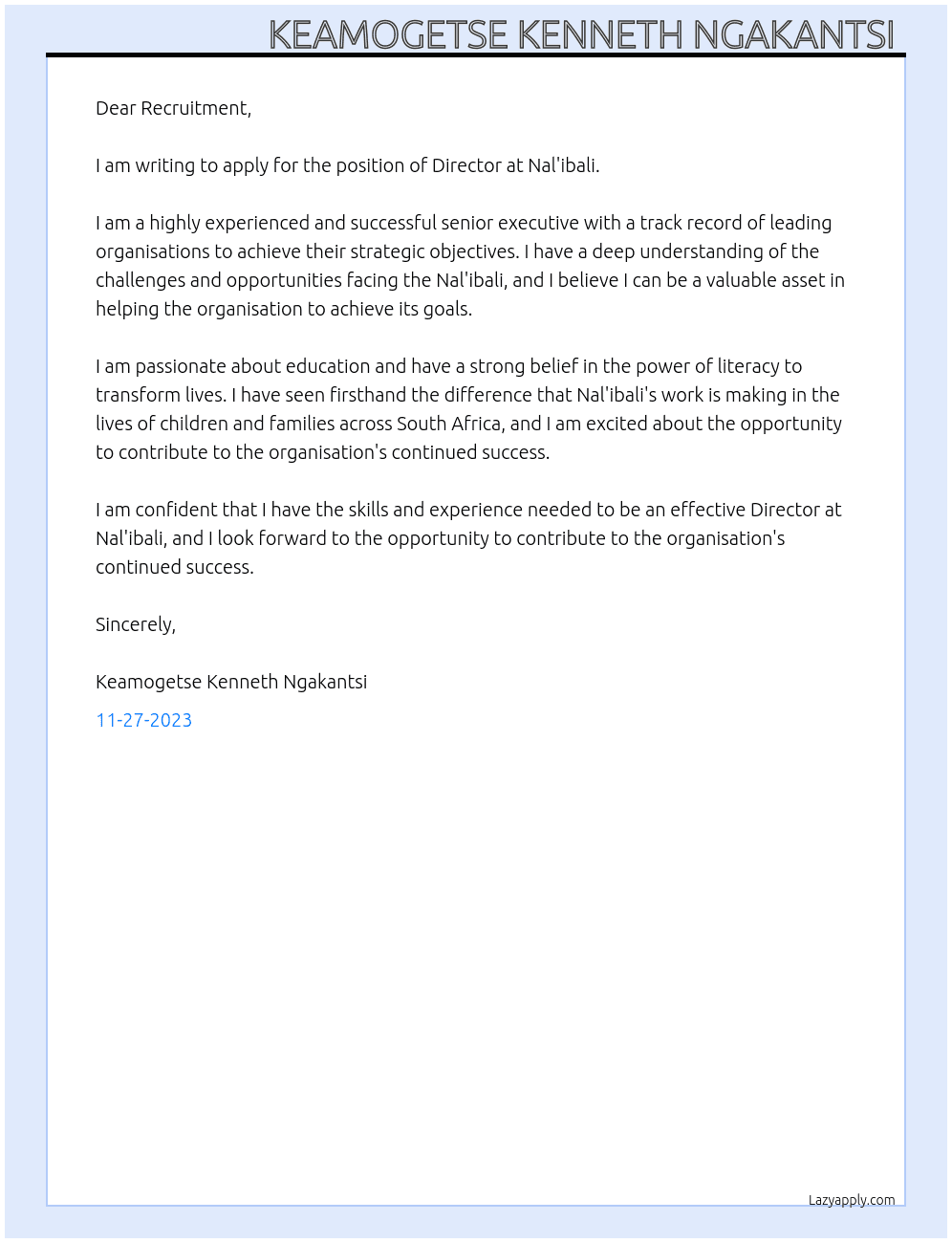 Director  At Nal'ibali Cover Letter