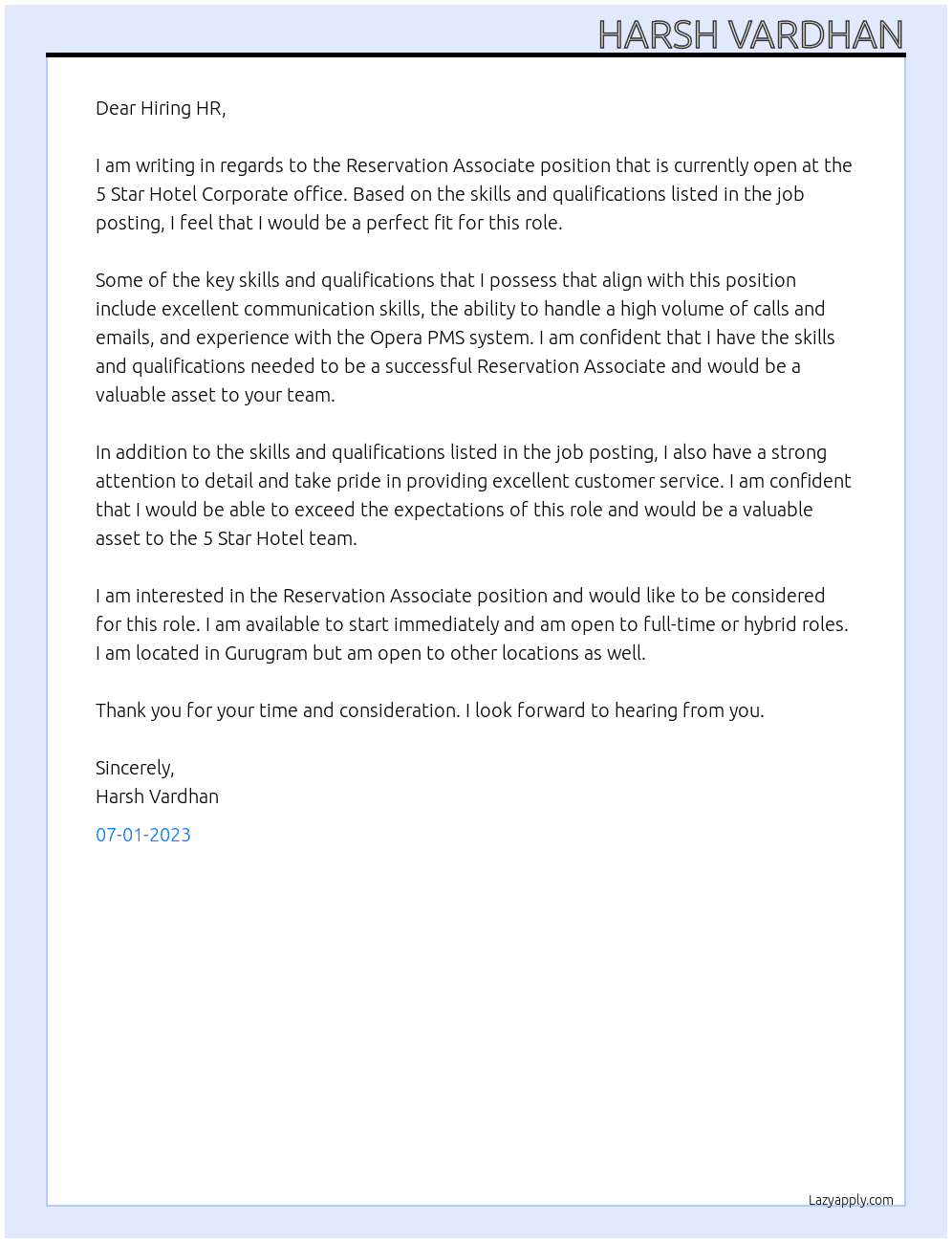 Reservation Associate At 5 Star Hotel Corporate office Cover Letter