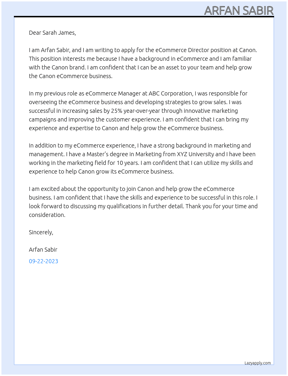 eCommerce Director At Canon Cover Letter