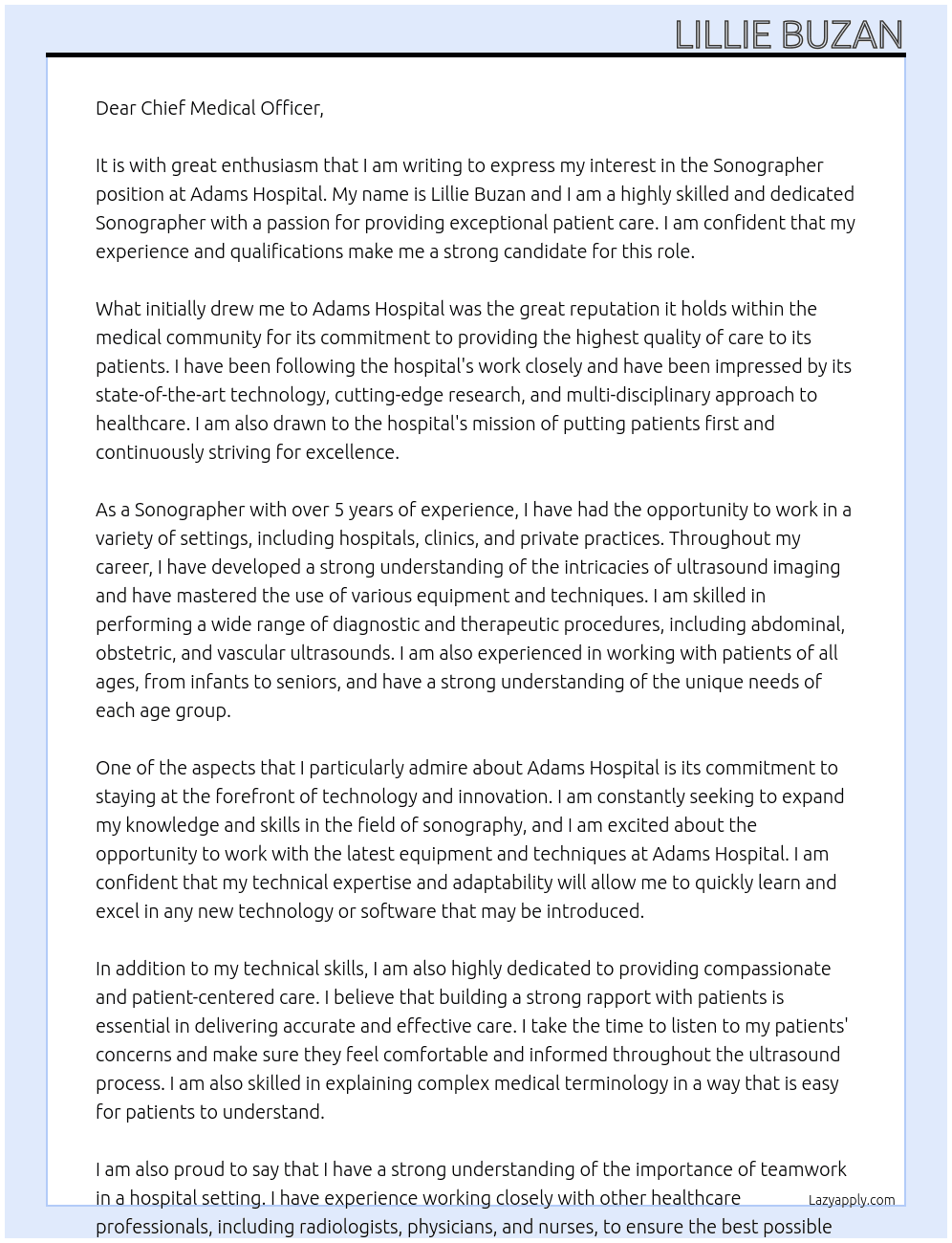 Sonographer At Adams Hospital Cover Letter