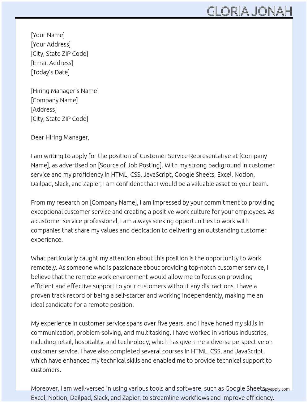 Customer Service Representative  At Customer Service Representative  Cover Letter