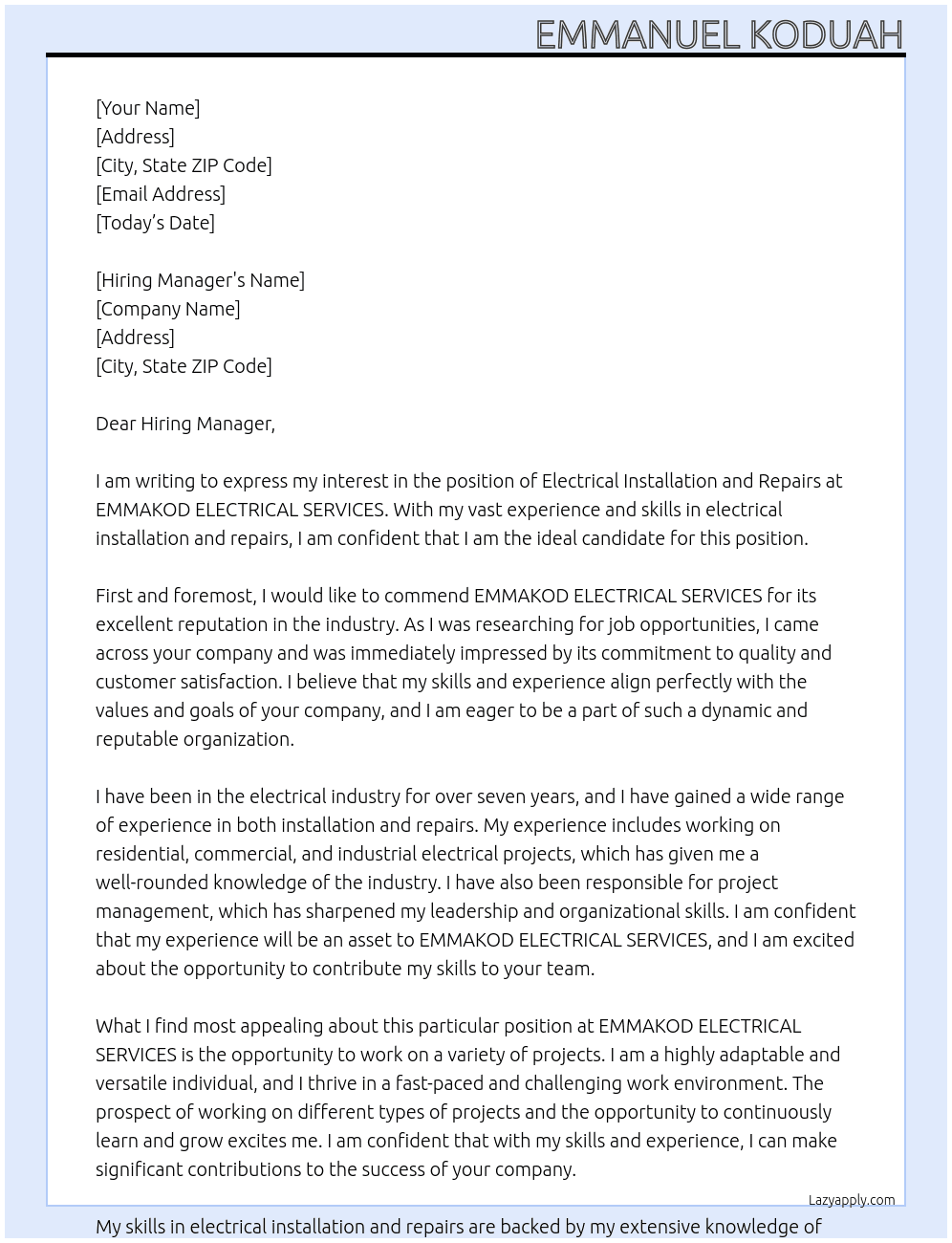 Electrical Installation and Repairs At EMMAKOD ELECTRICAL SERVICES Cover Letter