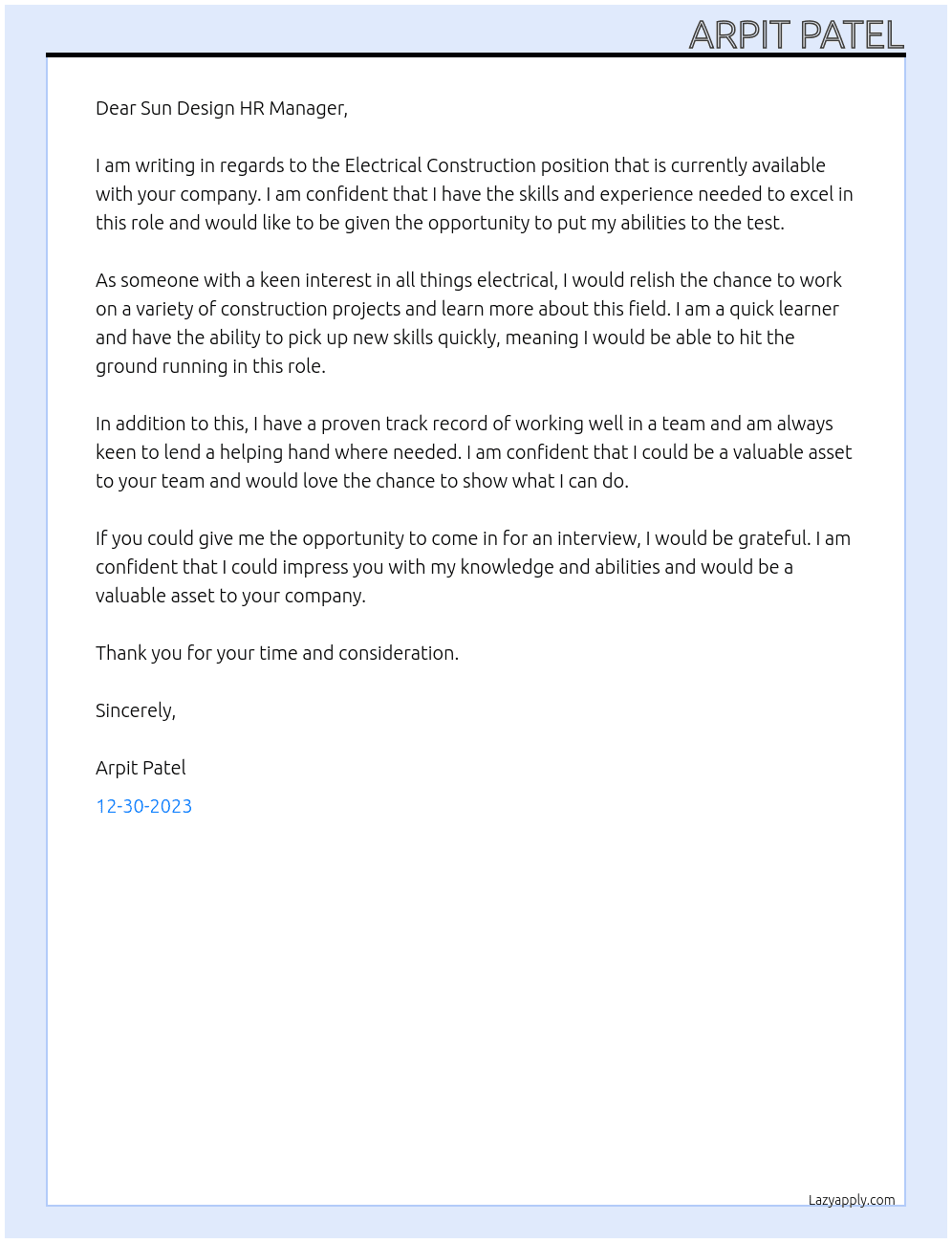 Electrical Construction At Sun Design Cover Letter