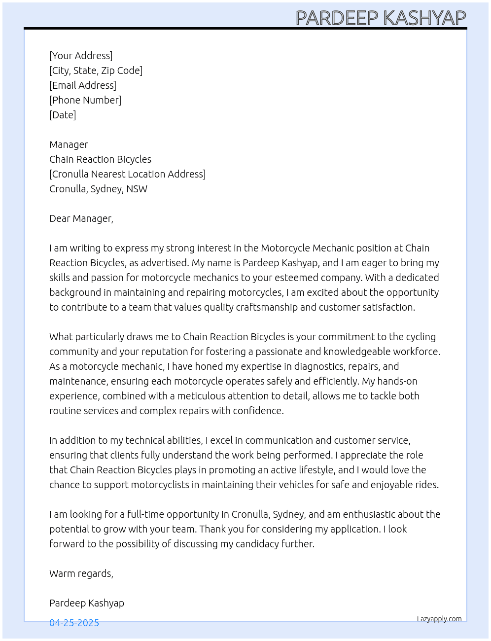 Motorcycle Mechanic At Chain Reaction Bicycle s Cover Letter