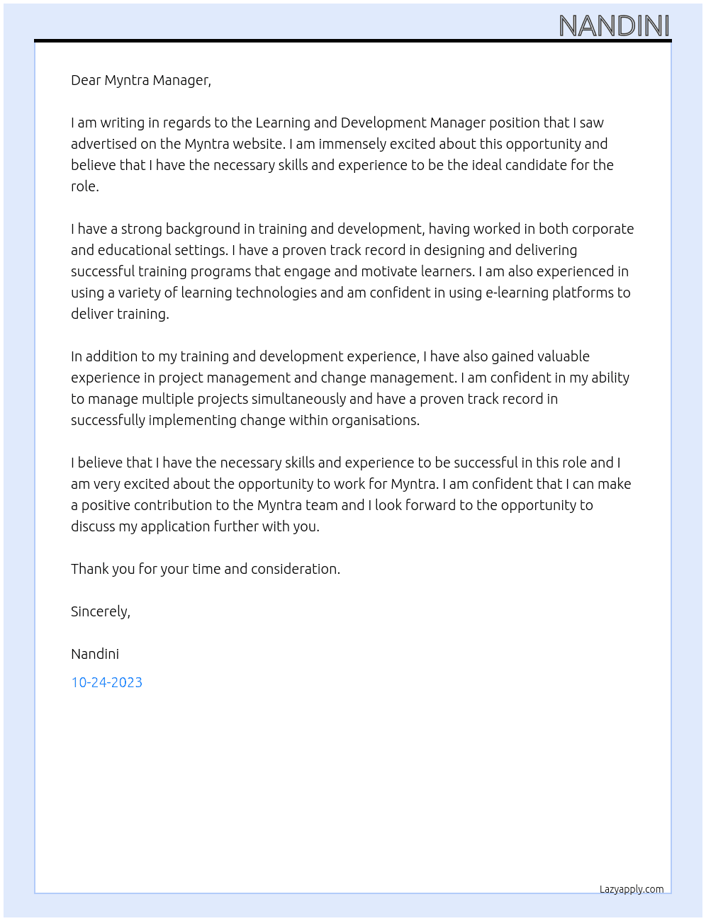 Learning and development manager  At Myntra Cover Letter