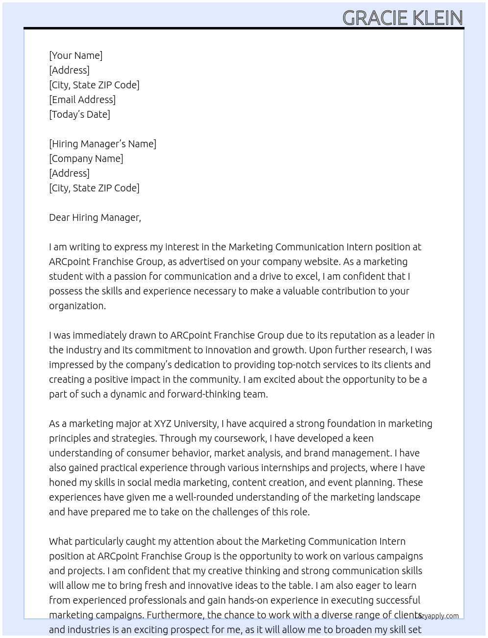 Marketing Communication Intern At ARCpoint Franchise Group Cover Letter