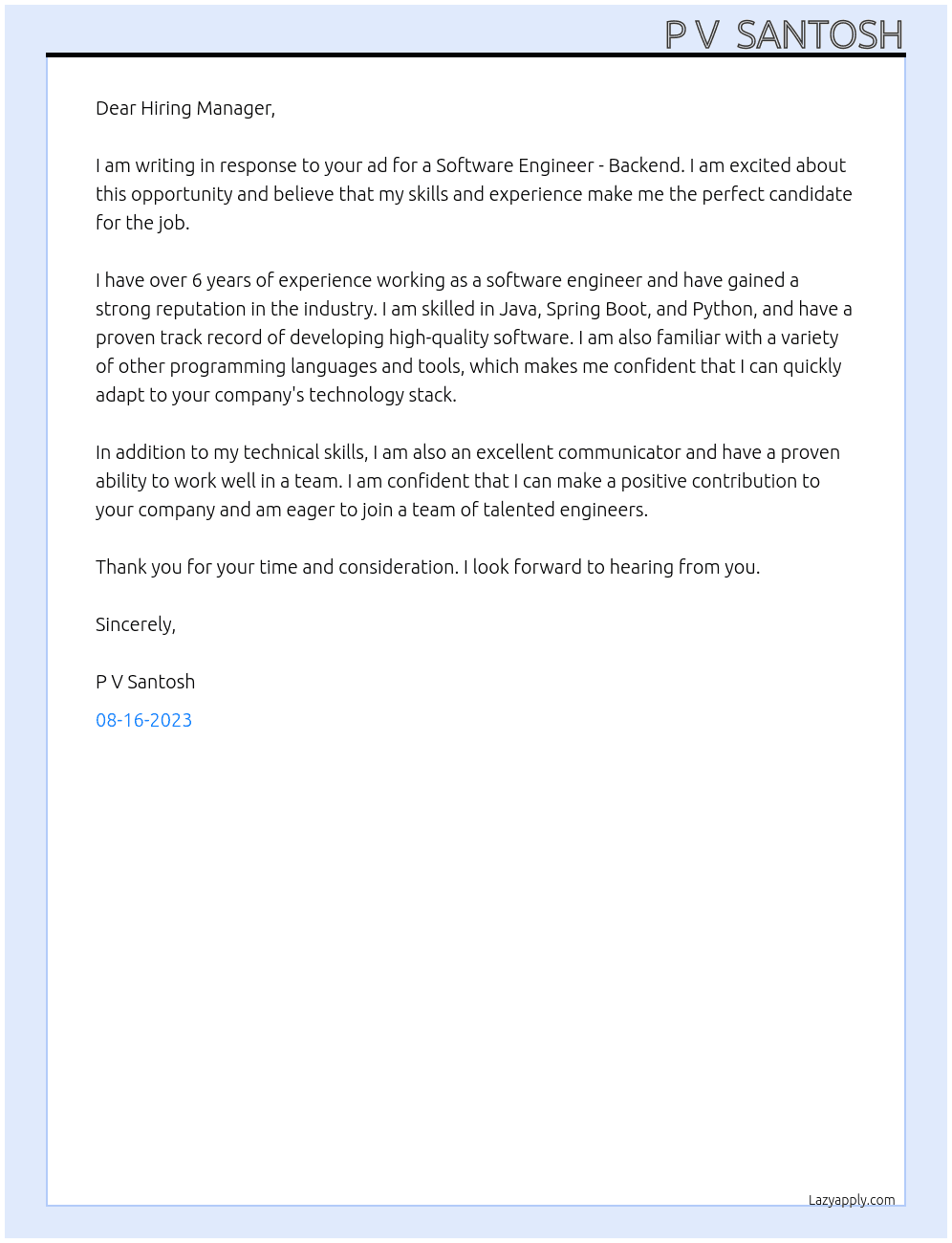 Software Engineer - Backend At  Blenheim Chalcot Cover Letter