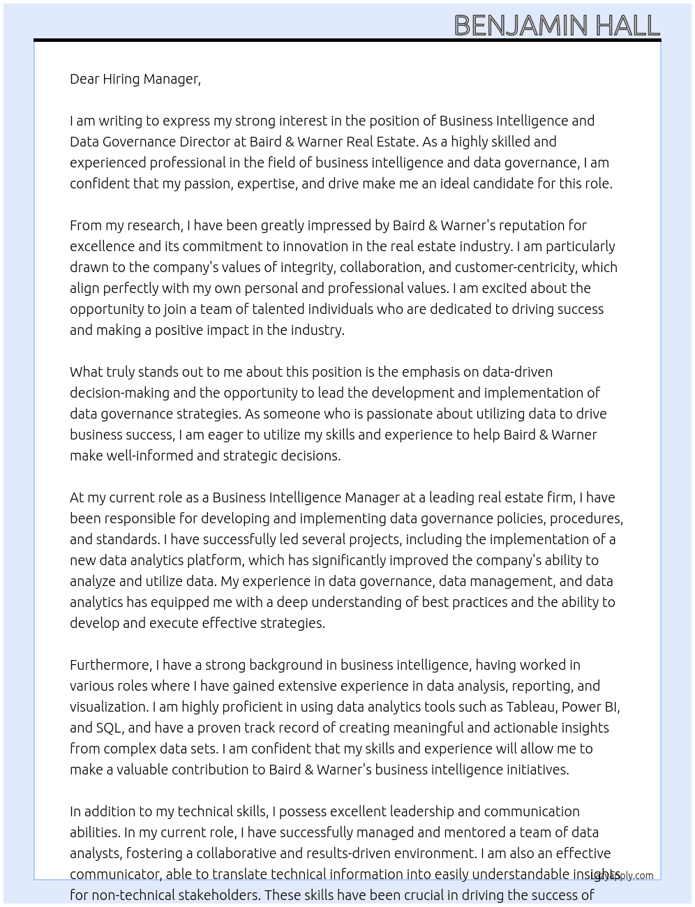 Business Intelligence and Data Governance Director At Baird & Warner Real Estate Cover Letter