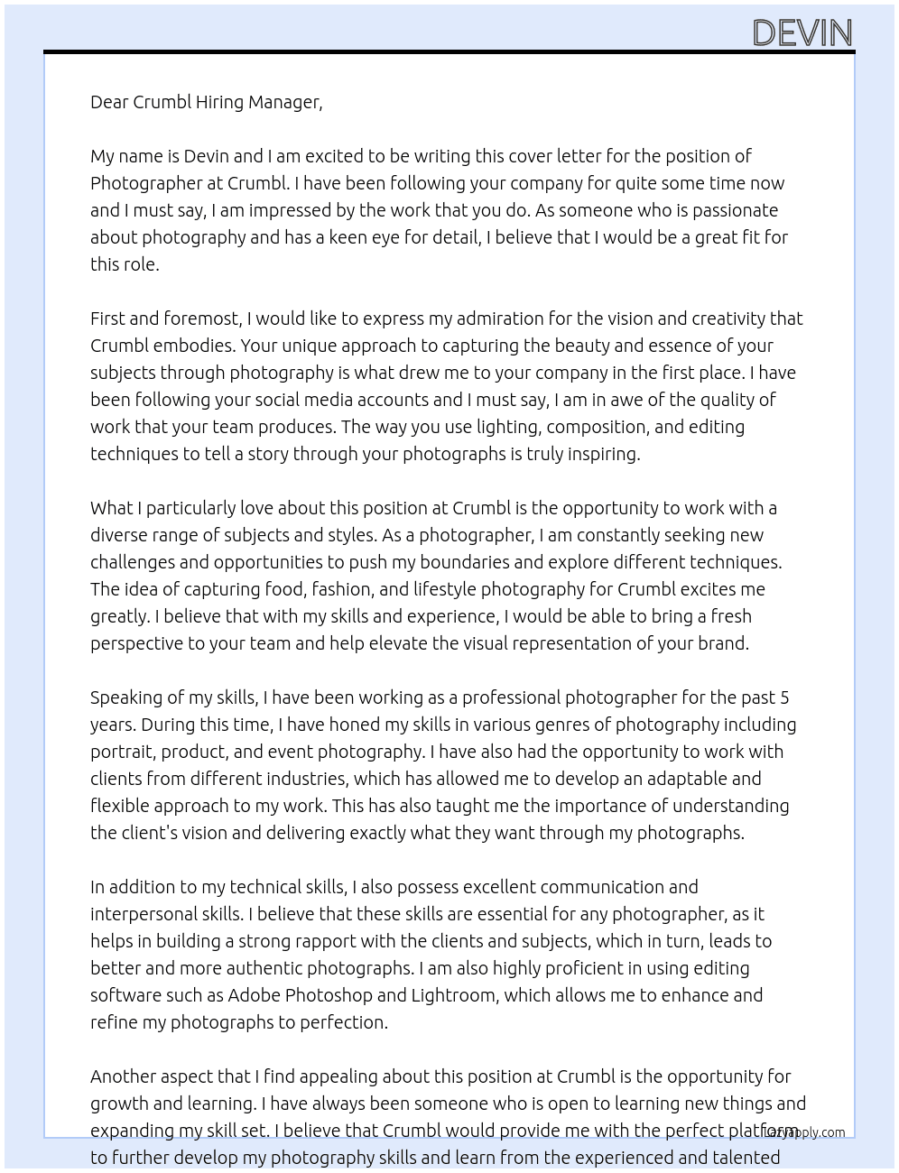 Photographer At Crumbl Cover Letter