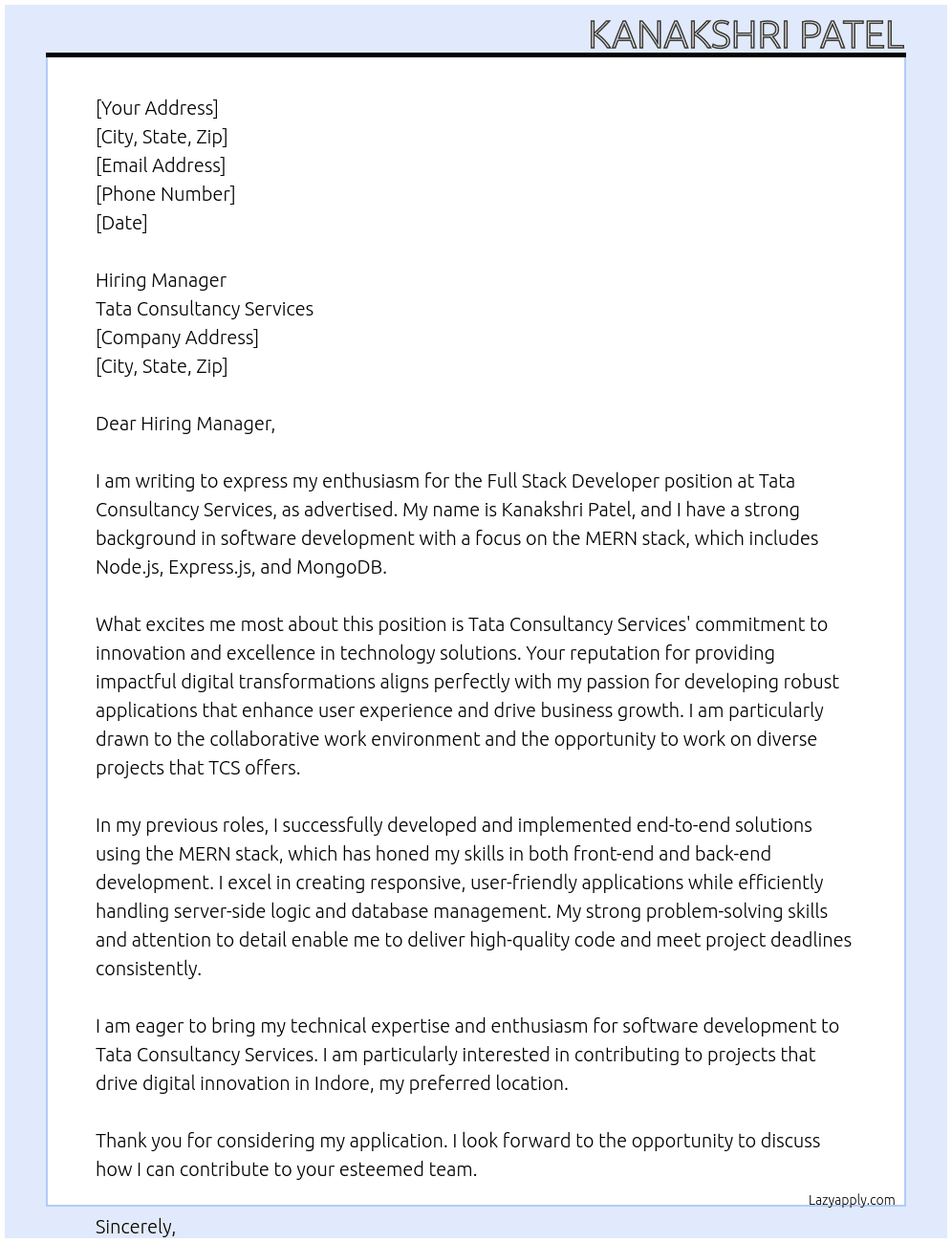 Software engineer At Tata consultancy services Cover Letter