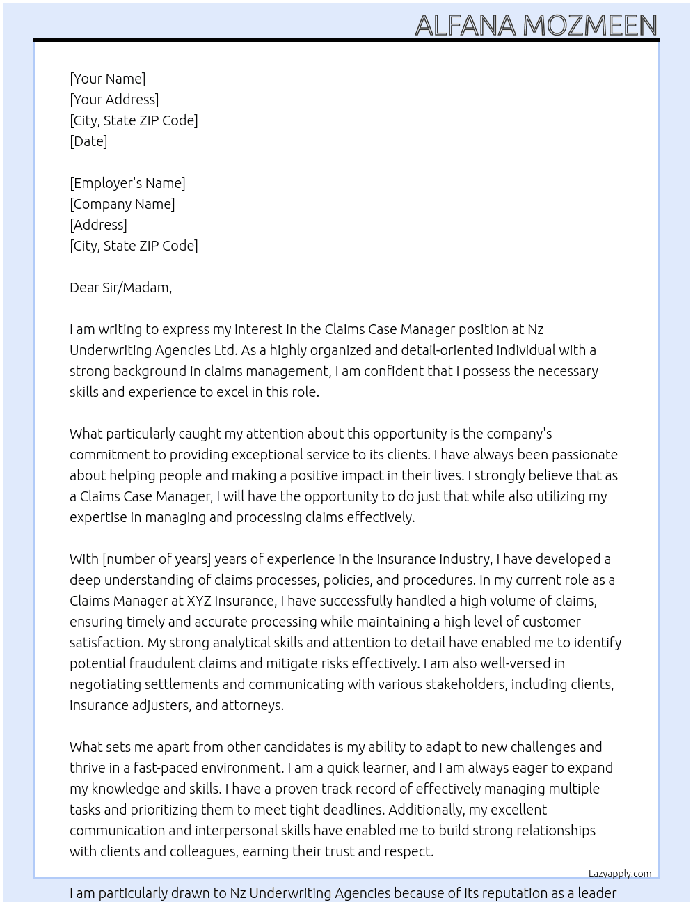 claims Case Manager At Nz Underwriting Agencies ltd  Cover Letter
