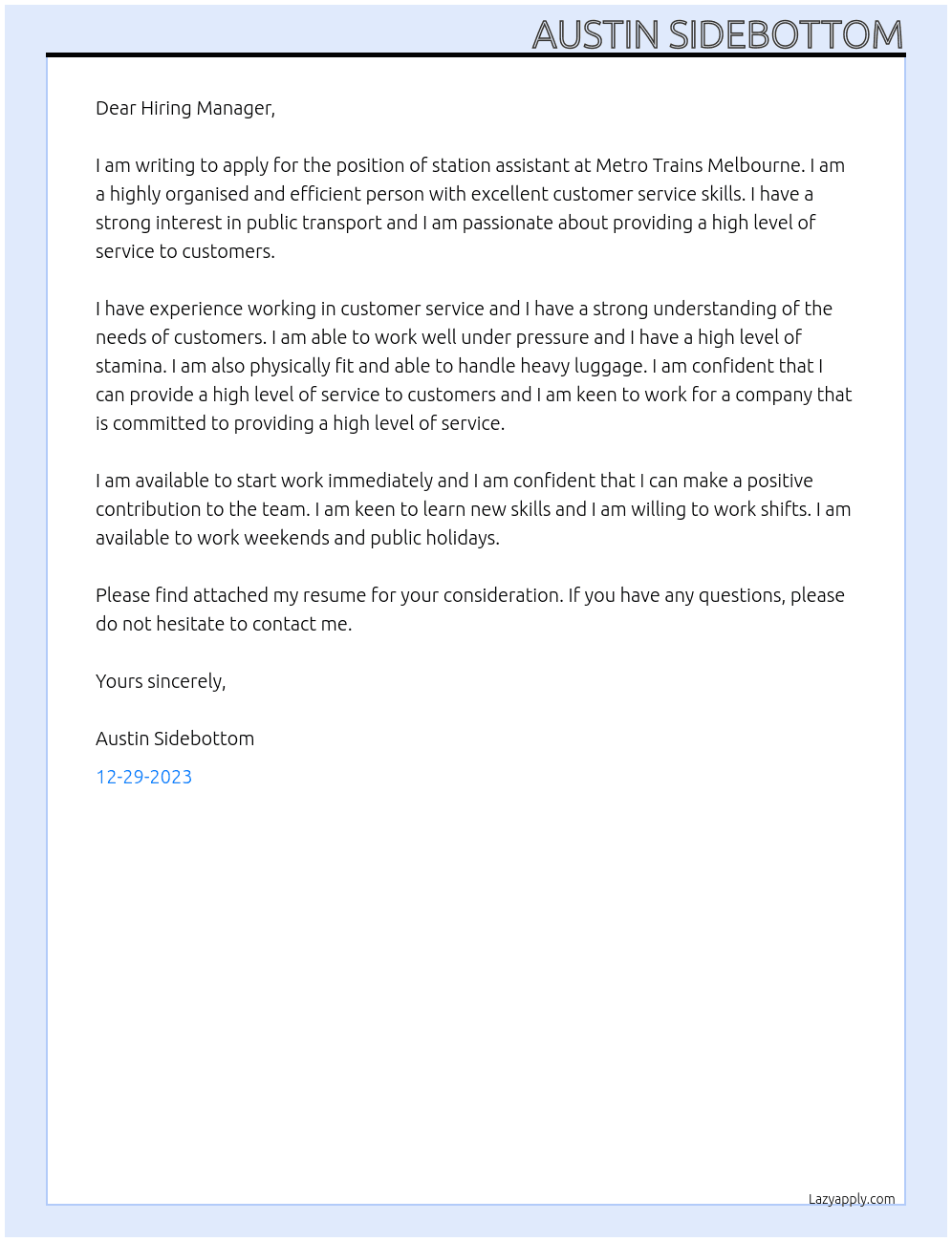 station assistant At Metro Trains melbourne Cover Letter
