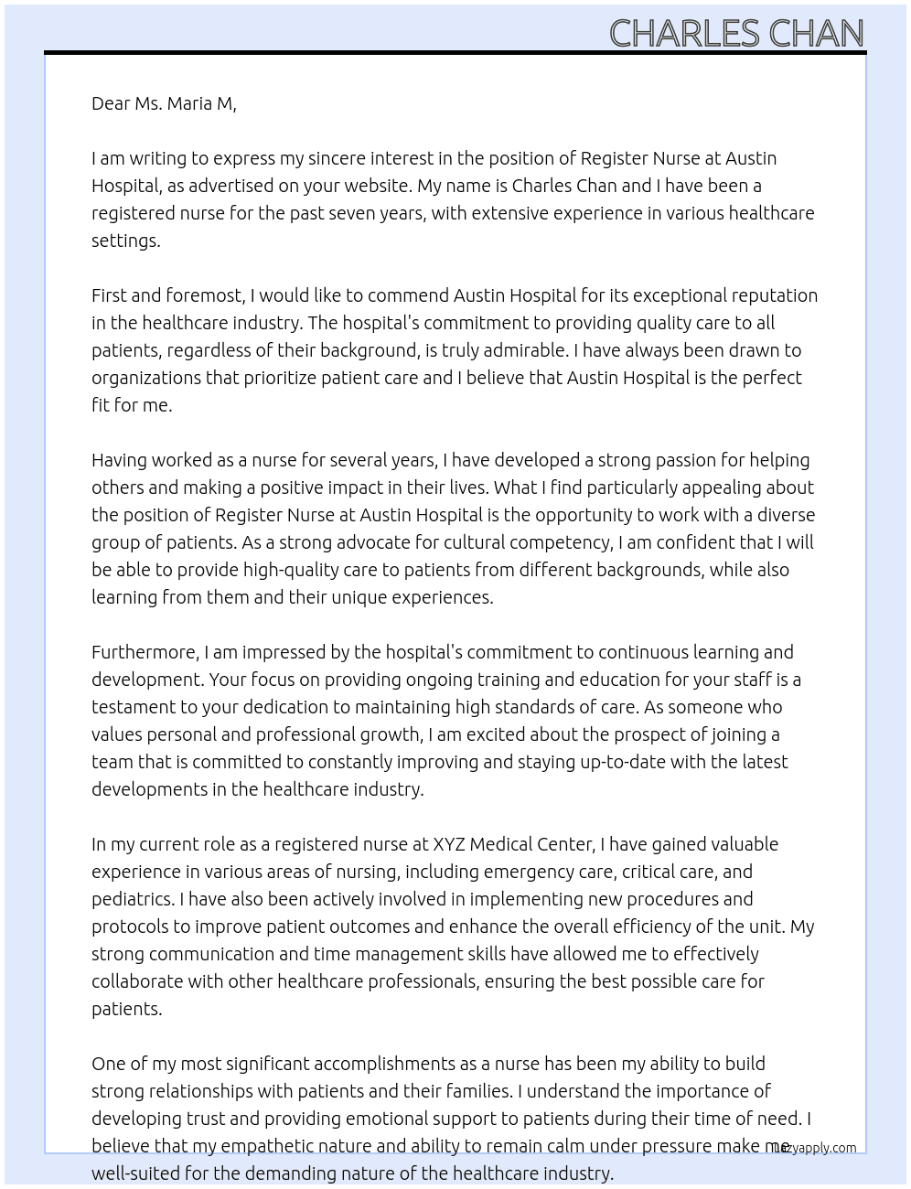 Register nurse At Austin Hospital Cover Letter