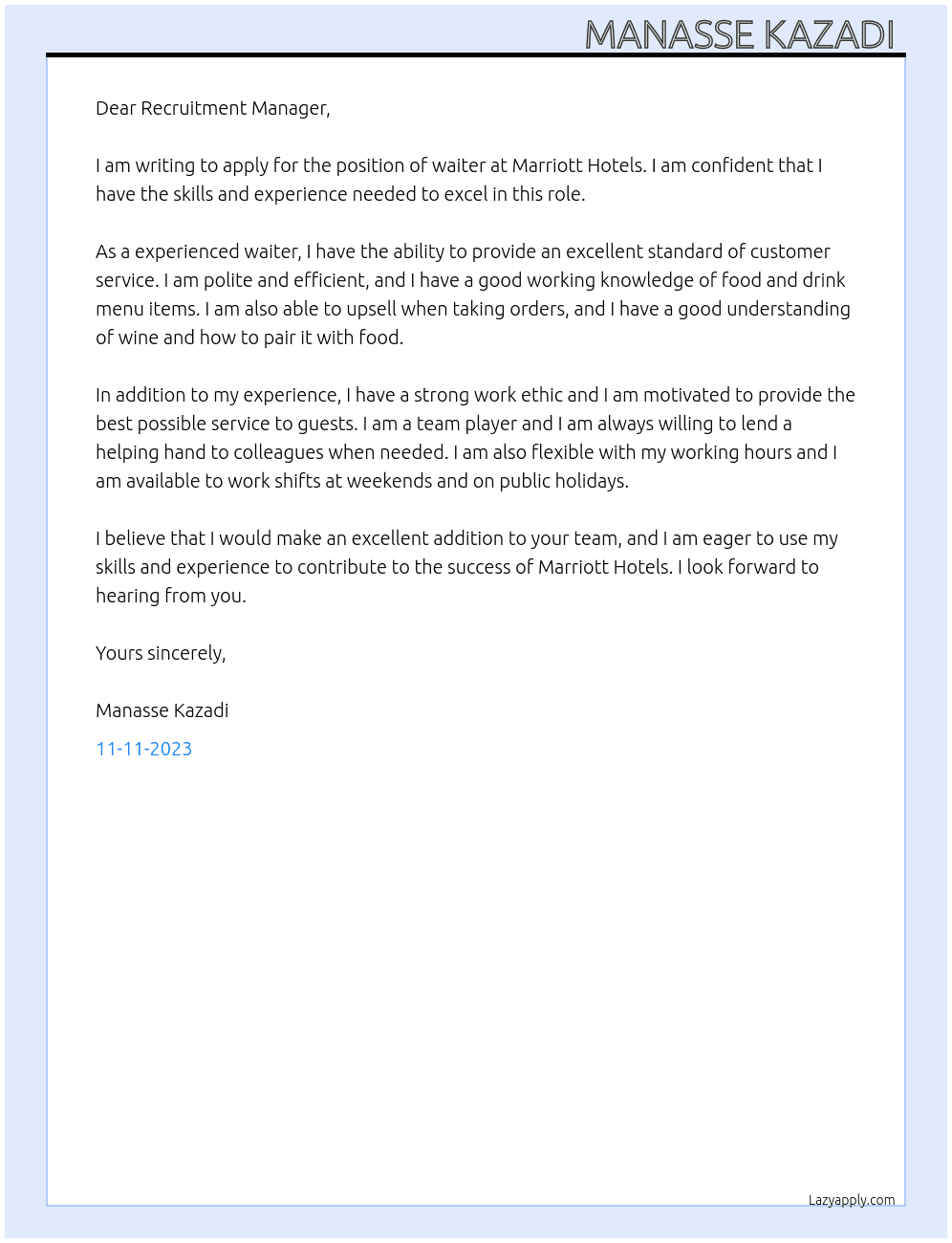 Waiter  At Marriott Hotels  Cover Letter
