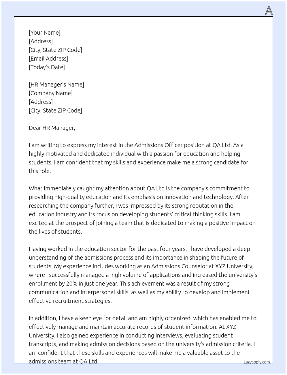 Admissions Officer At QA Ltd Cover Letter