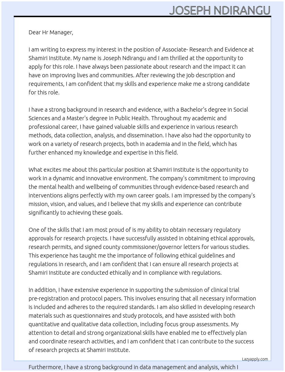 Associate- research and Evidence At Shamiri Institute Cover Letter