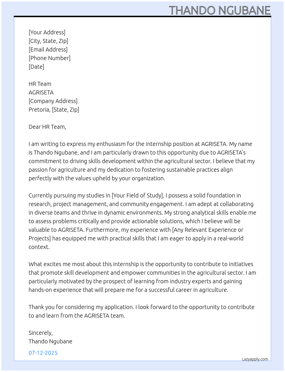 Internship At AGRISETA Cover Letter