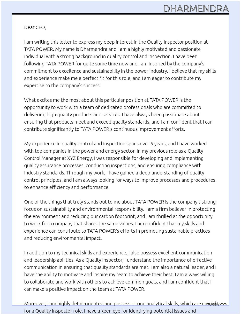 Quality inspector At TATA POWER Cover Letter