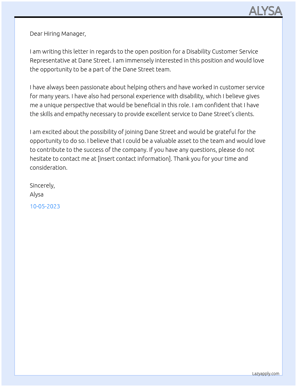 Disability Customer Service Representative At Dane Street Cover Letter