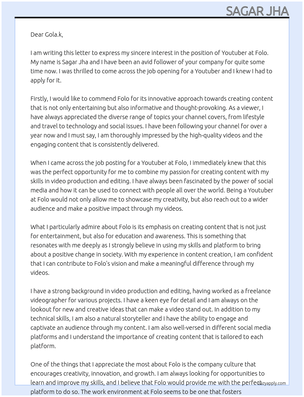 youtober At folo Cover Letter