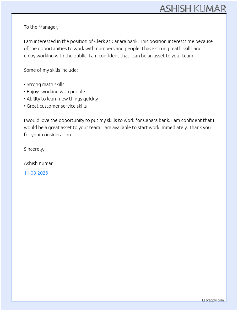Clerk  At Canara bank  Cover Letter
