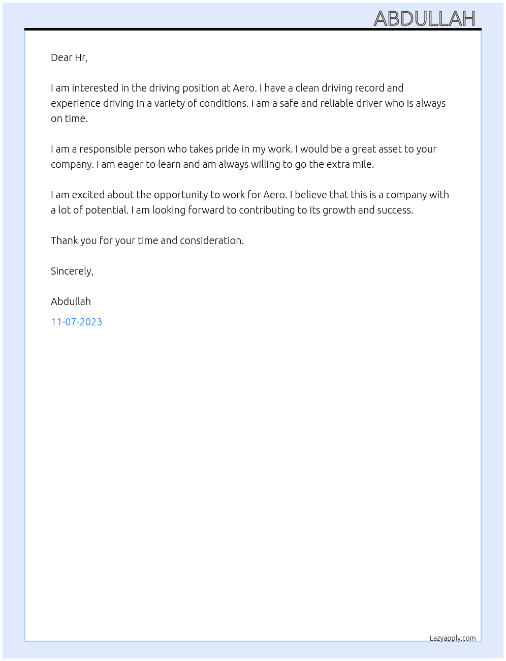 Driving  At Aero Cover Letter