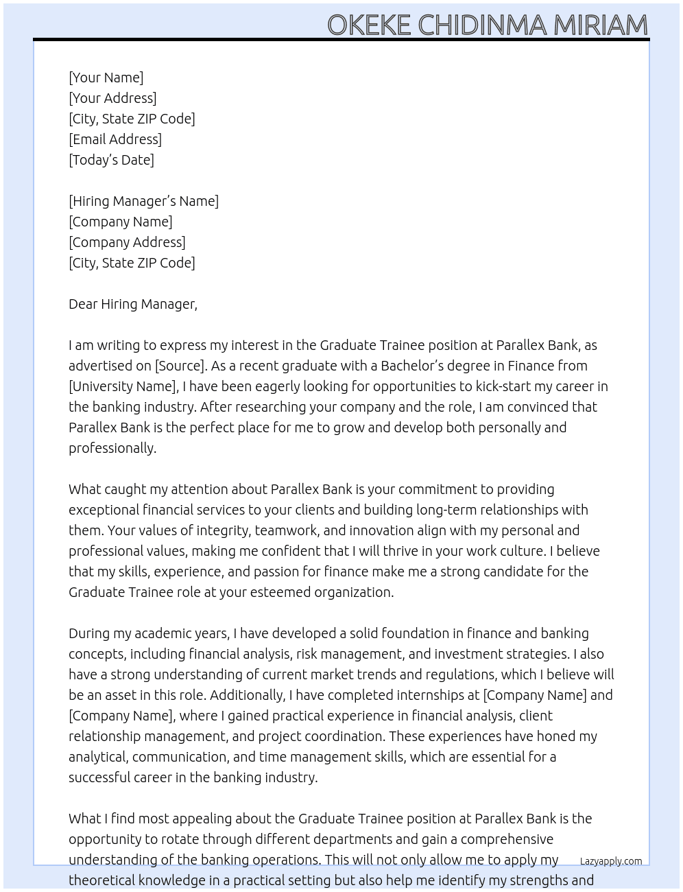 Graduate trainee  At Parallex Bank Cover Letter