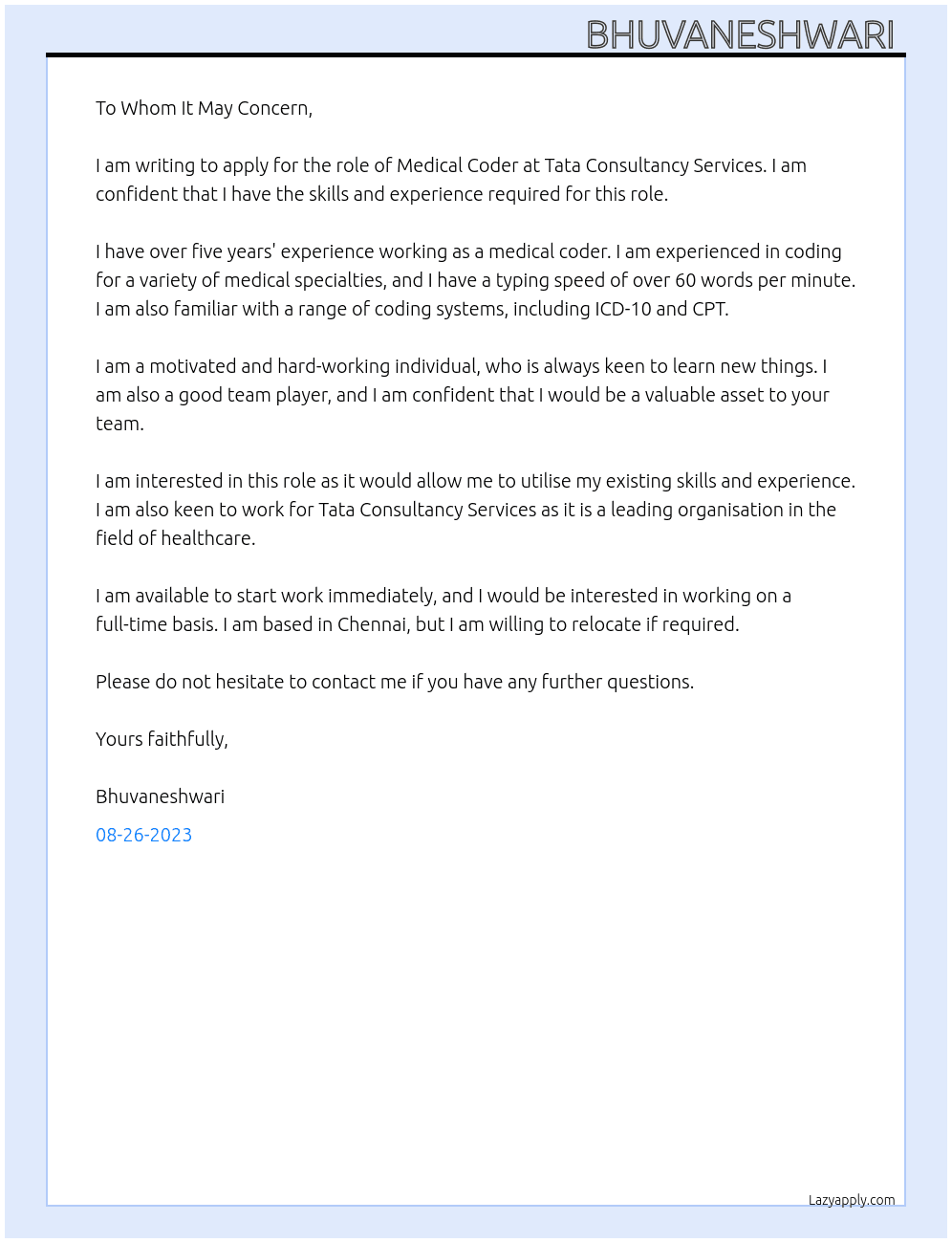 Medical coding  At Tata consultancy services  Cover Letter