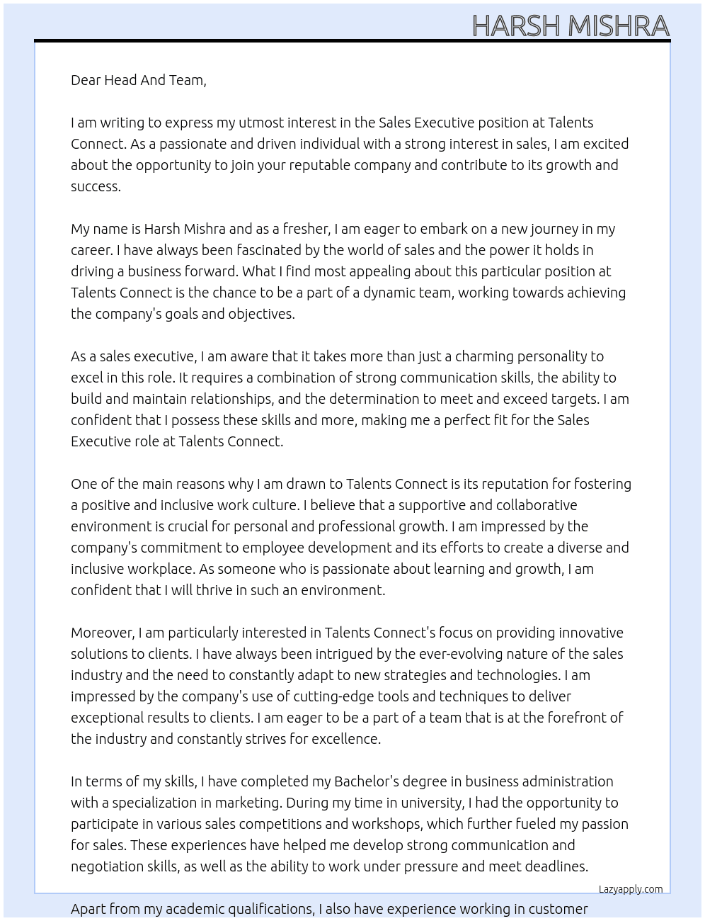 Sales Executive At Talents Connect Cover Letter