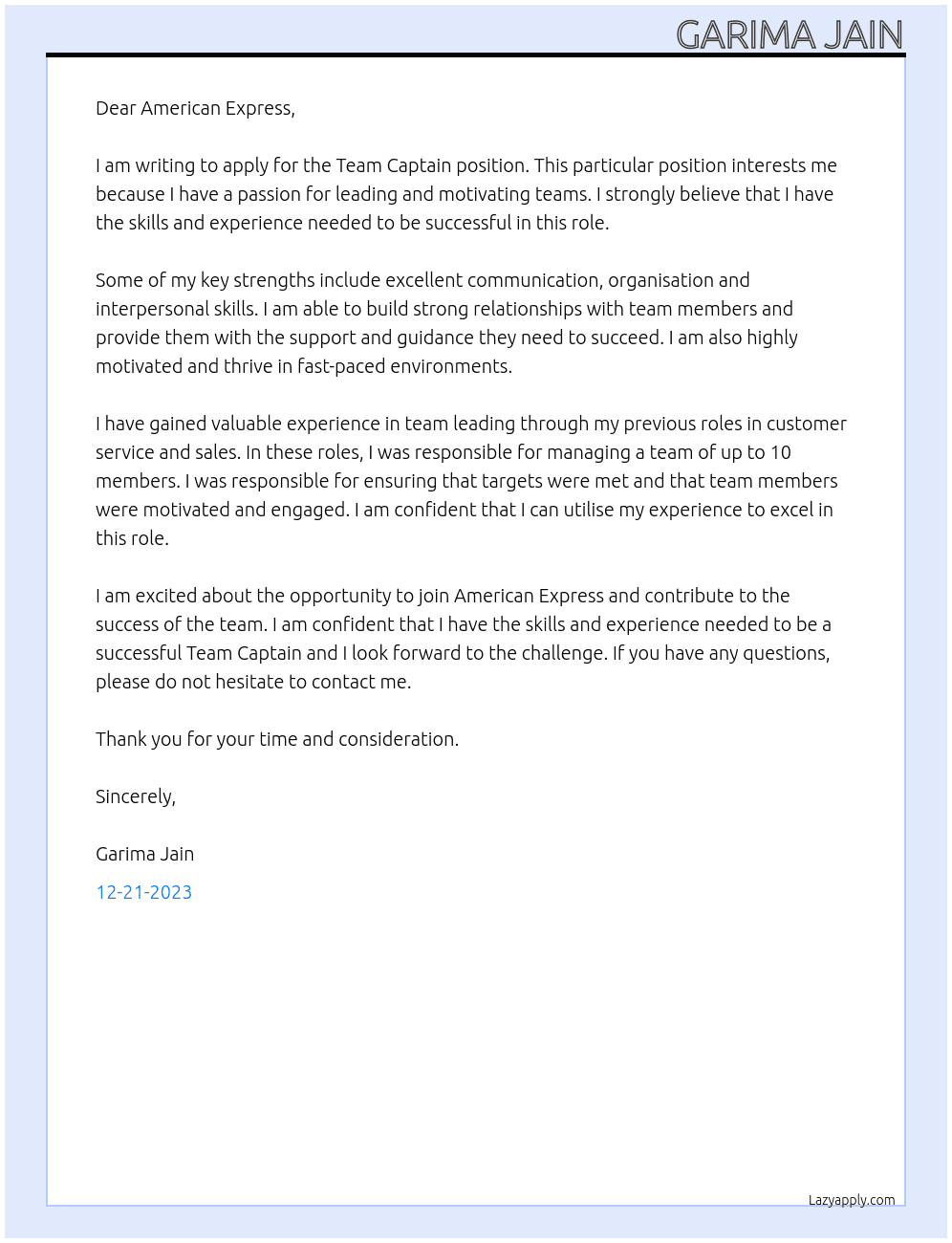 Team Captain At American Express  Cover Letter