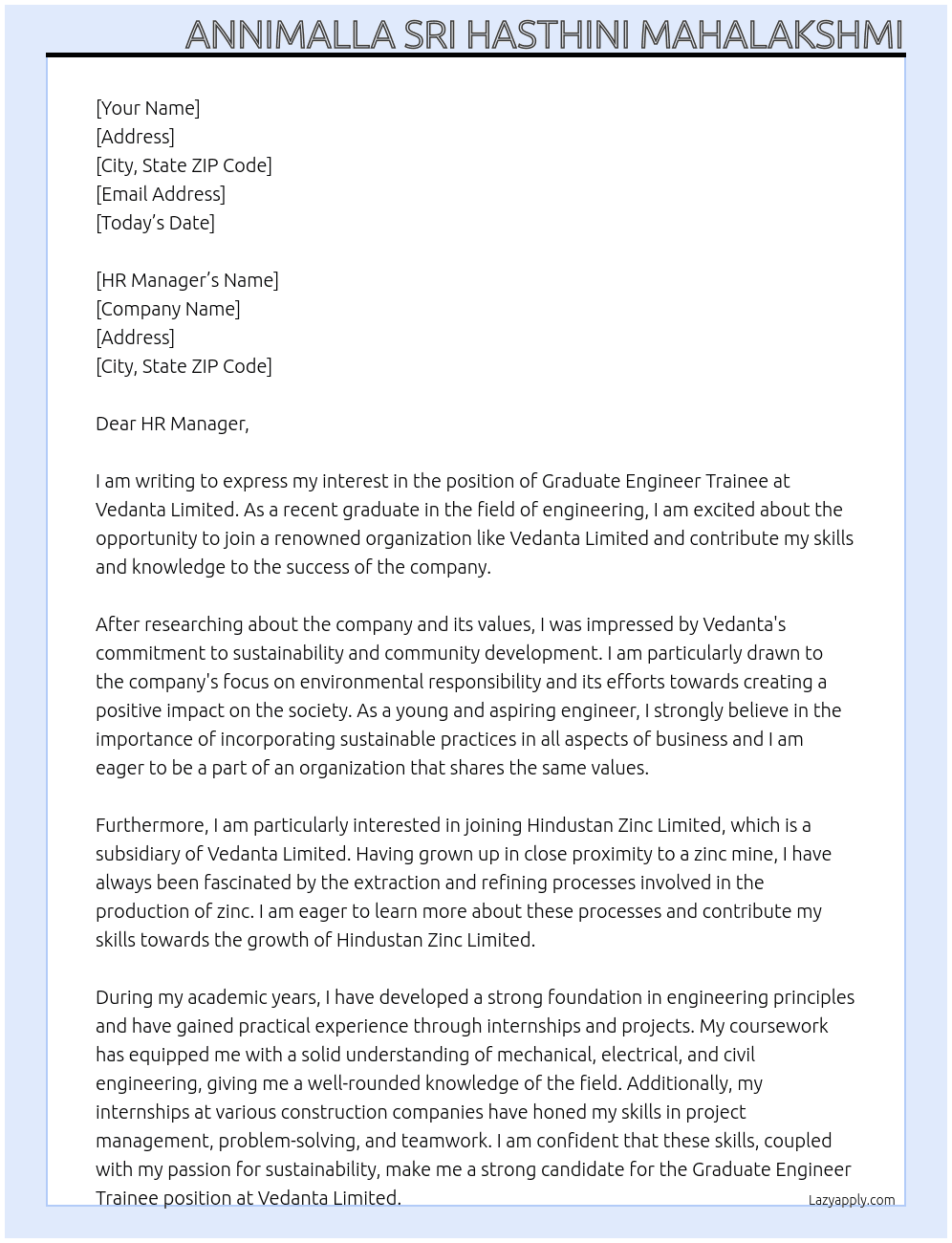 Graduate Engineer Trainee At Vedanta limited Cover Letter