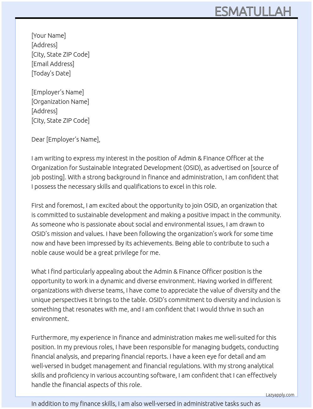 Admin & Finance officer At Organization for Sustainable Integrated Development ( OSID ) Cover Letter