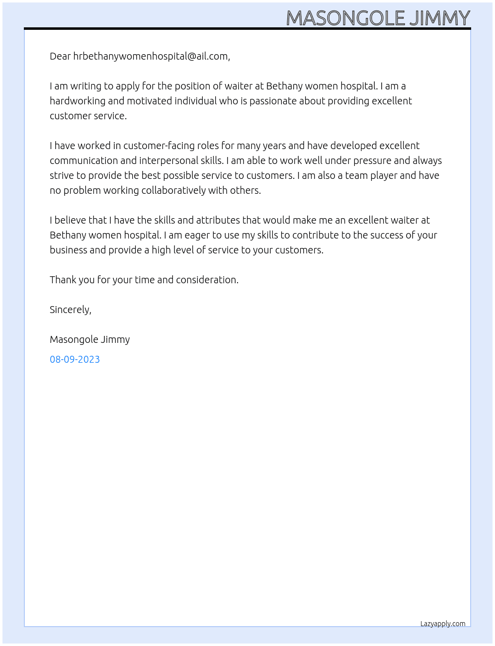 Waiter  At Bethany women hospital Cover Letter
