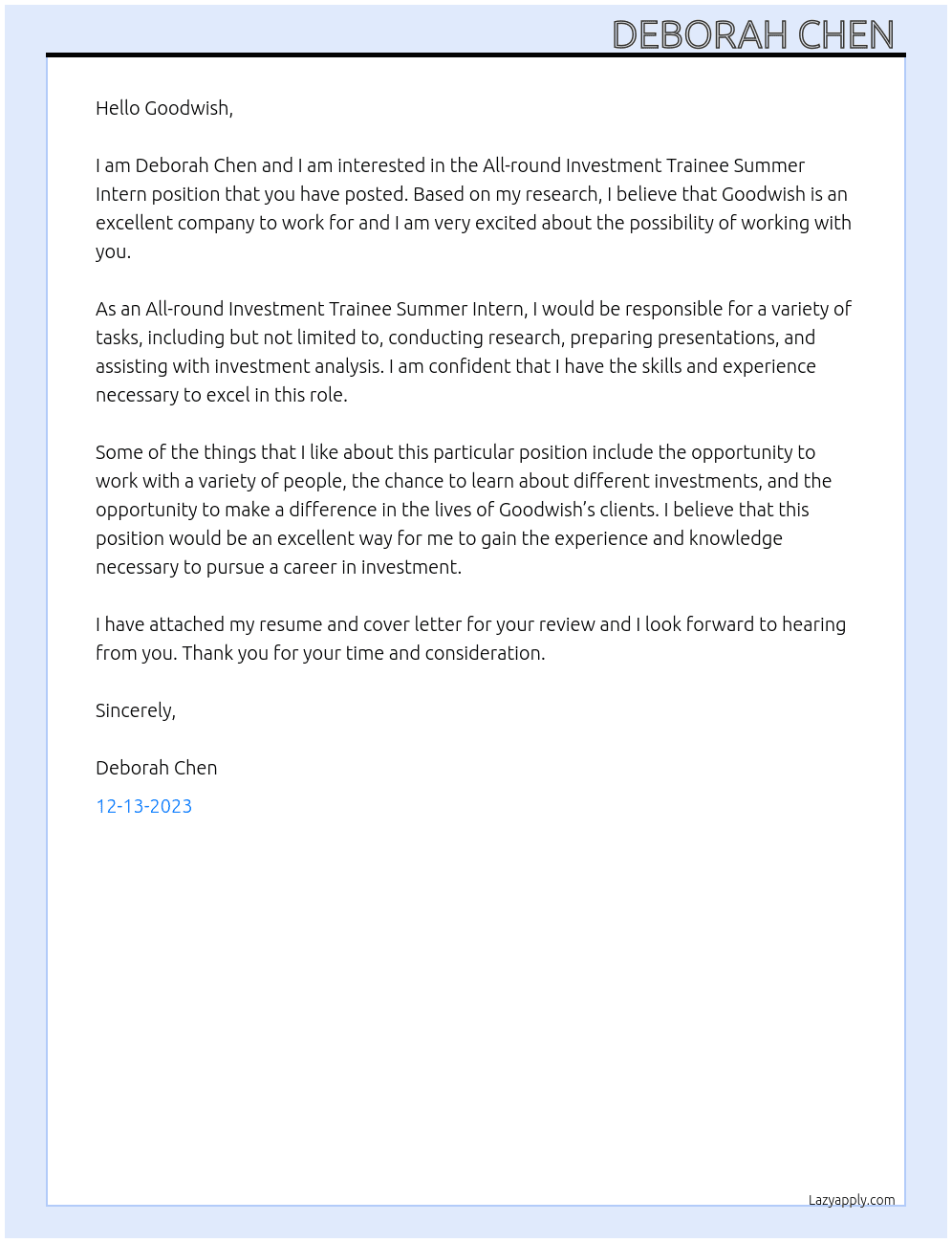 All-round Investment Trainee Summer Intern At Goodwish Cover Letter