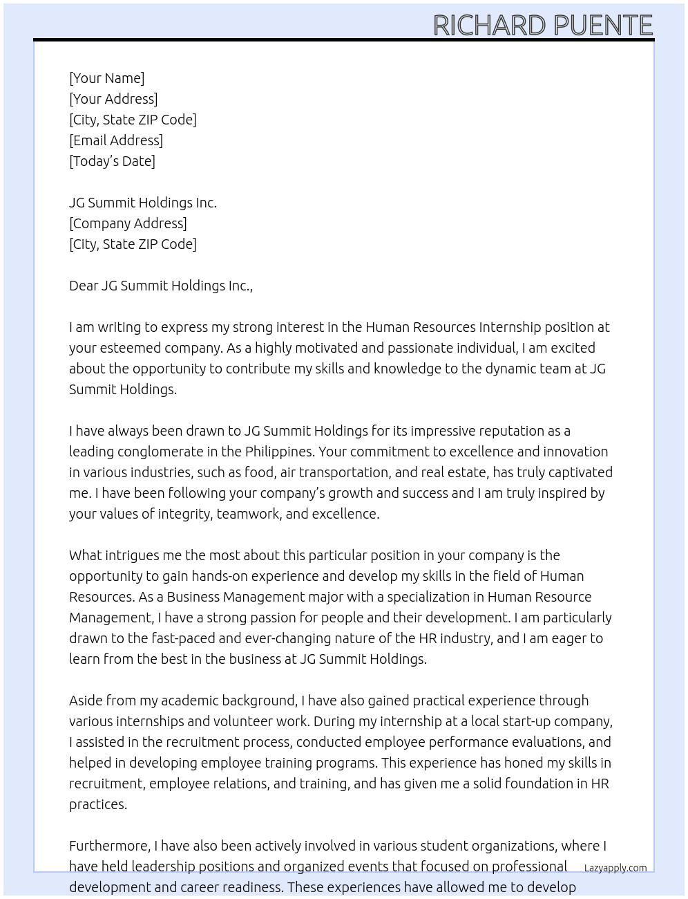 Human Resources Internship At JG Summit Holdings Cover Letter