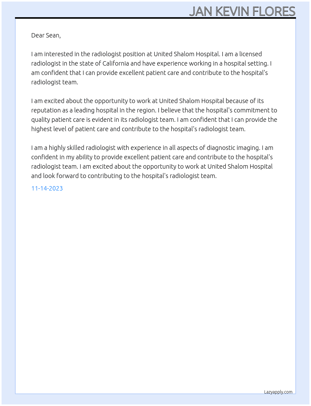 radiologist At United Shalom Hospital Cover Letter