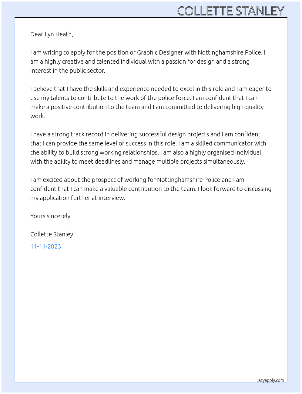 Graphic designer At Nottinghamshire police Cover Letter