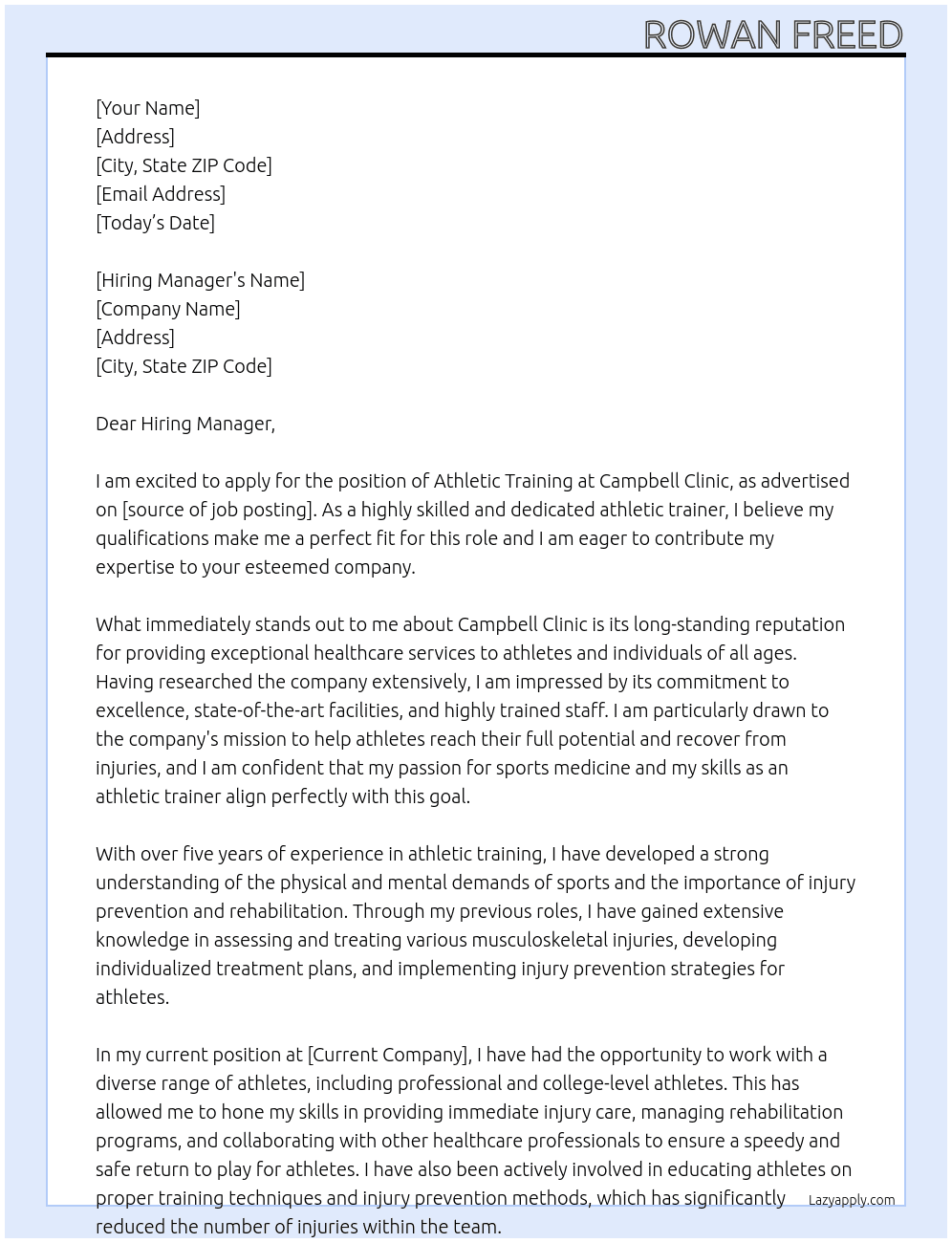 Athletic Training  At Campbell Clinic  Cover Letter