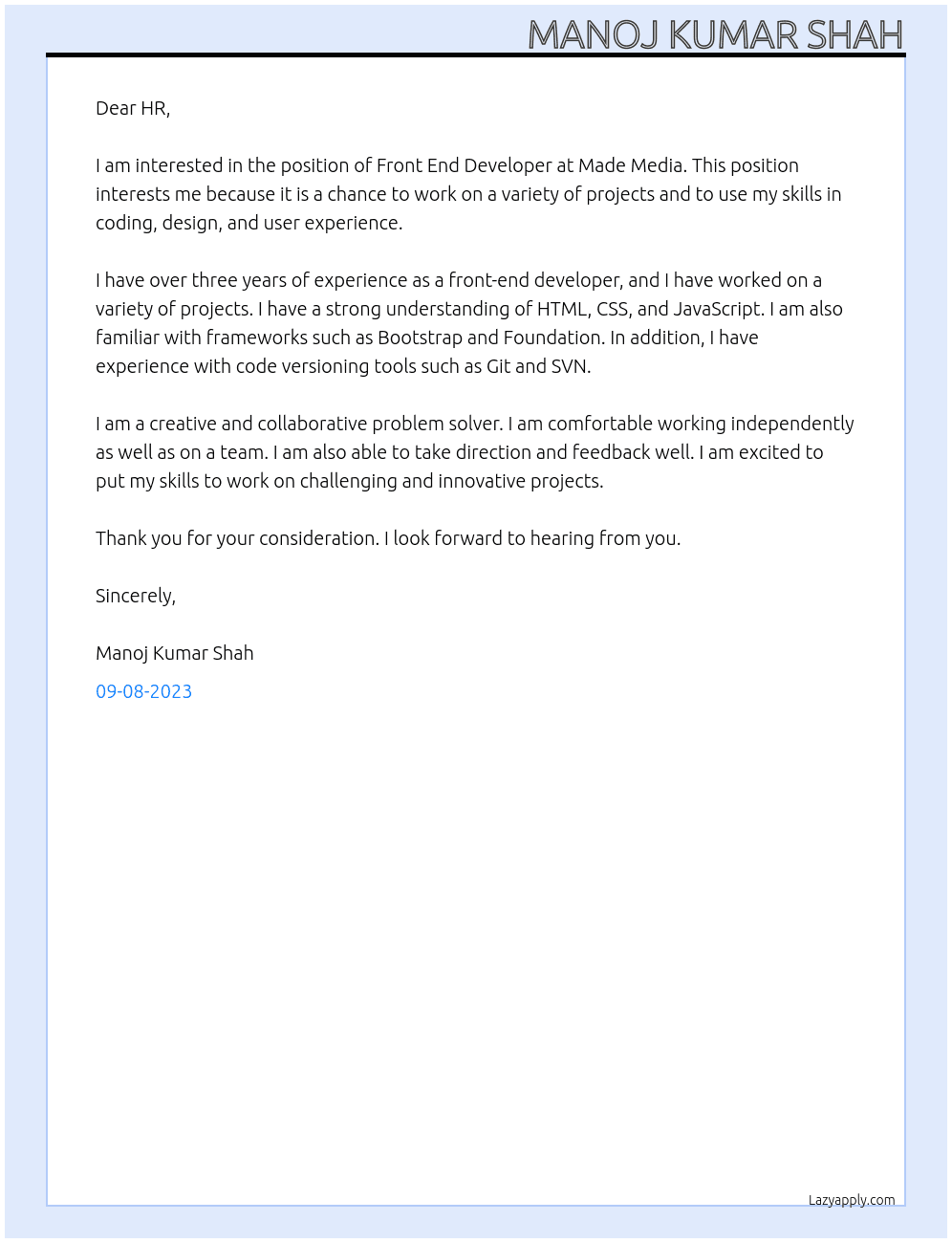 Front End Developer At Made Media Cover Letter