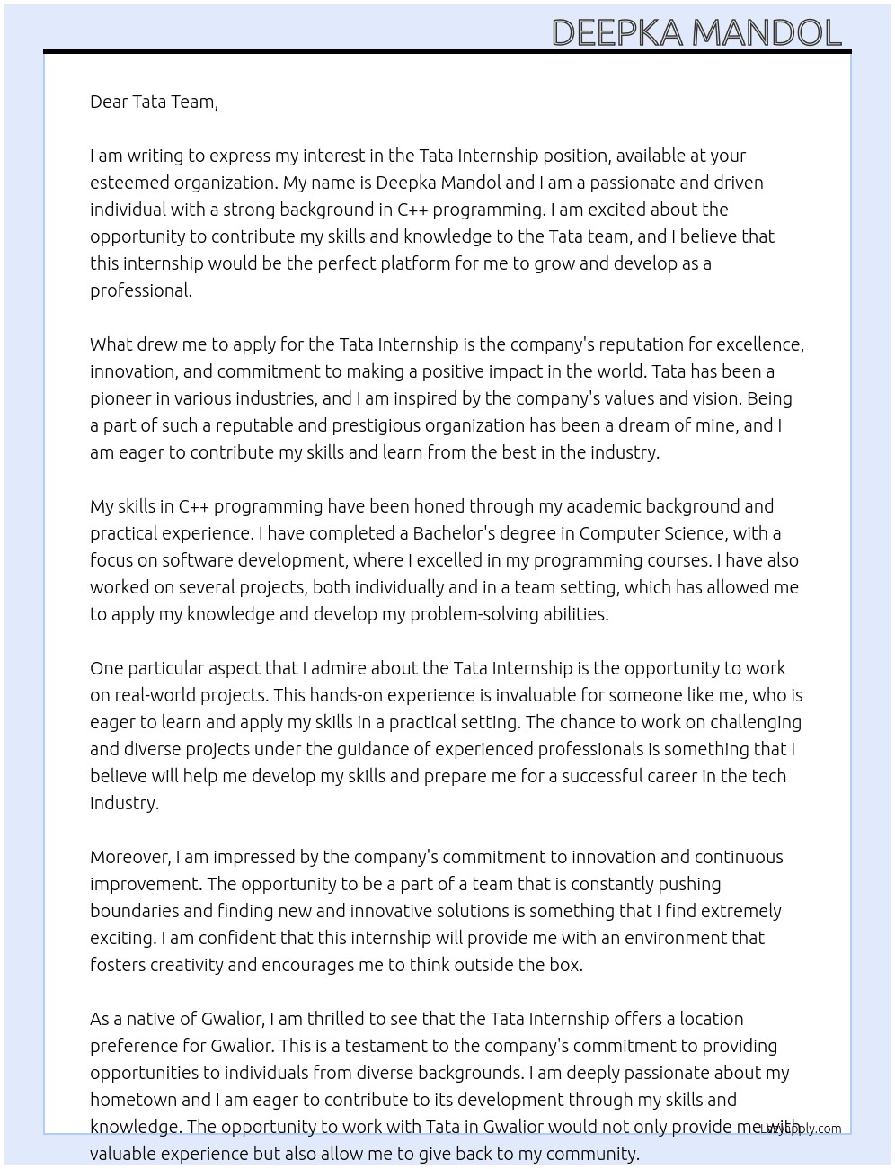 Cover letter for tata internship - LazyApply