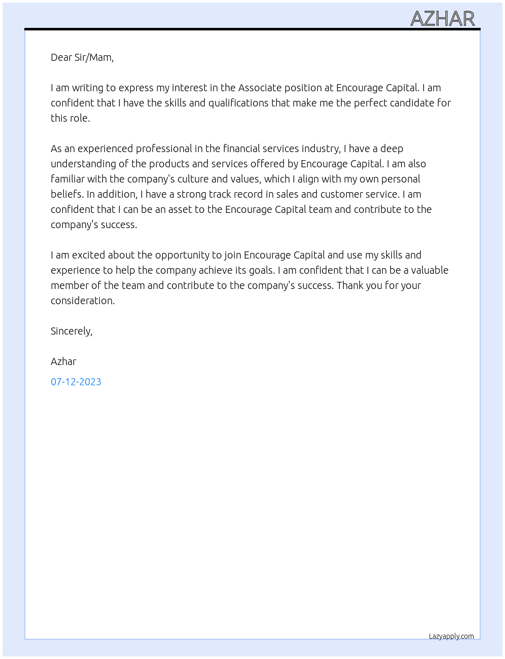 Associate  At Encourage Capital  Cover Letter